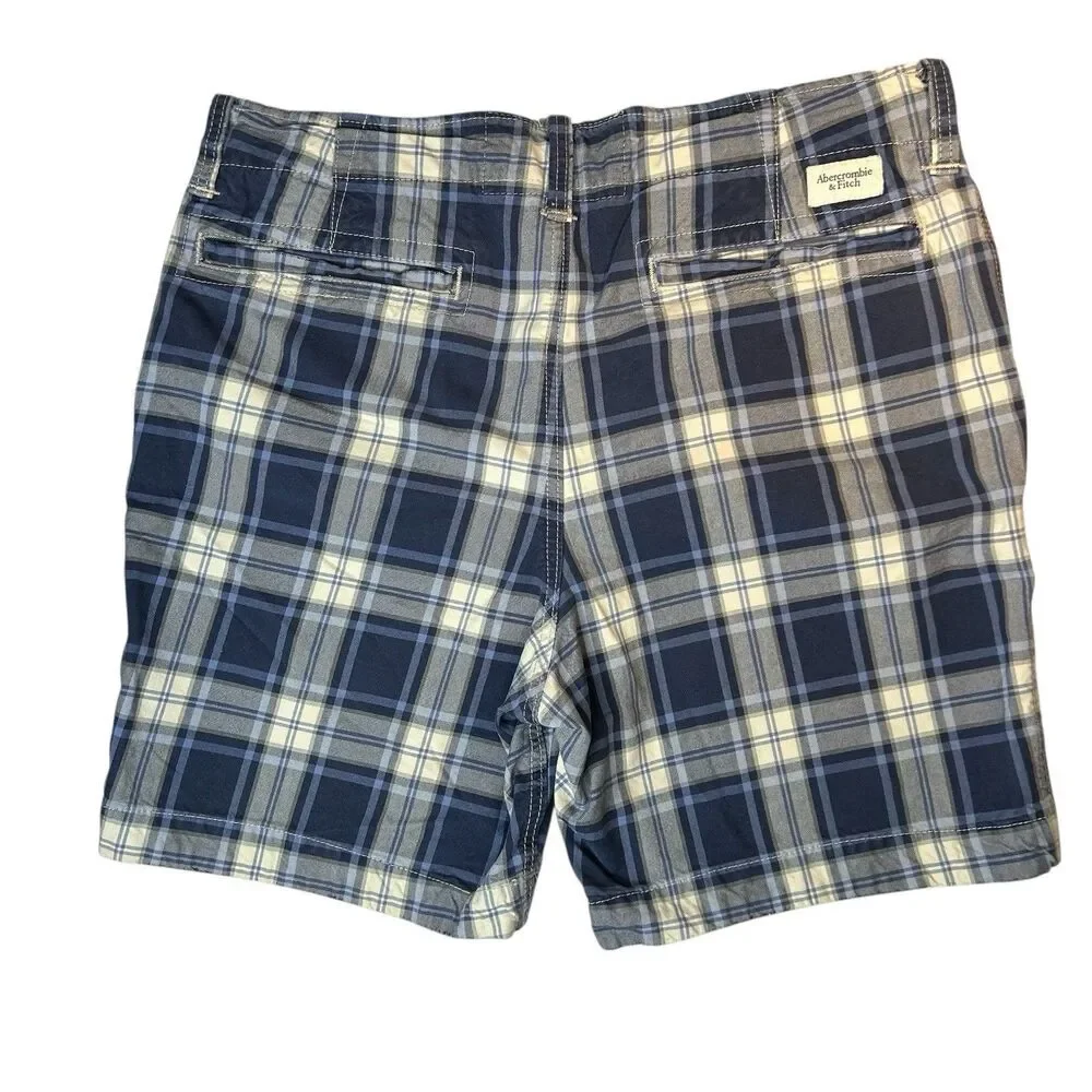 Abercrombie & Fitch Y2K Plaid Shorts Mens 36 Blue White Button Fly Cotton Grunge